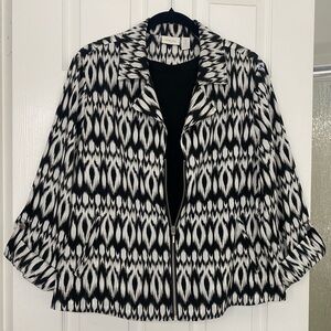 Chico’s Moto Jacket, Ikat, 3/4 Roll Tab Sleeves, Black White, Zip Front, Sz. 3